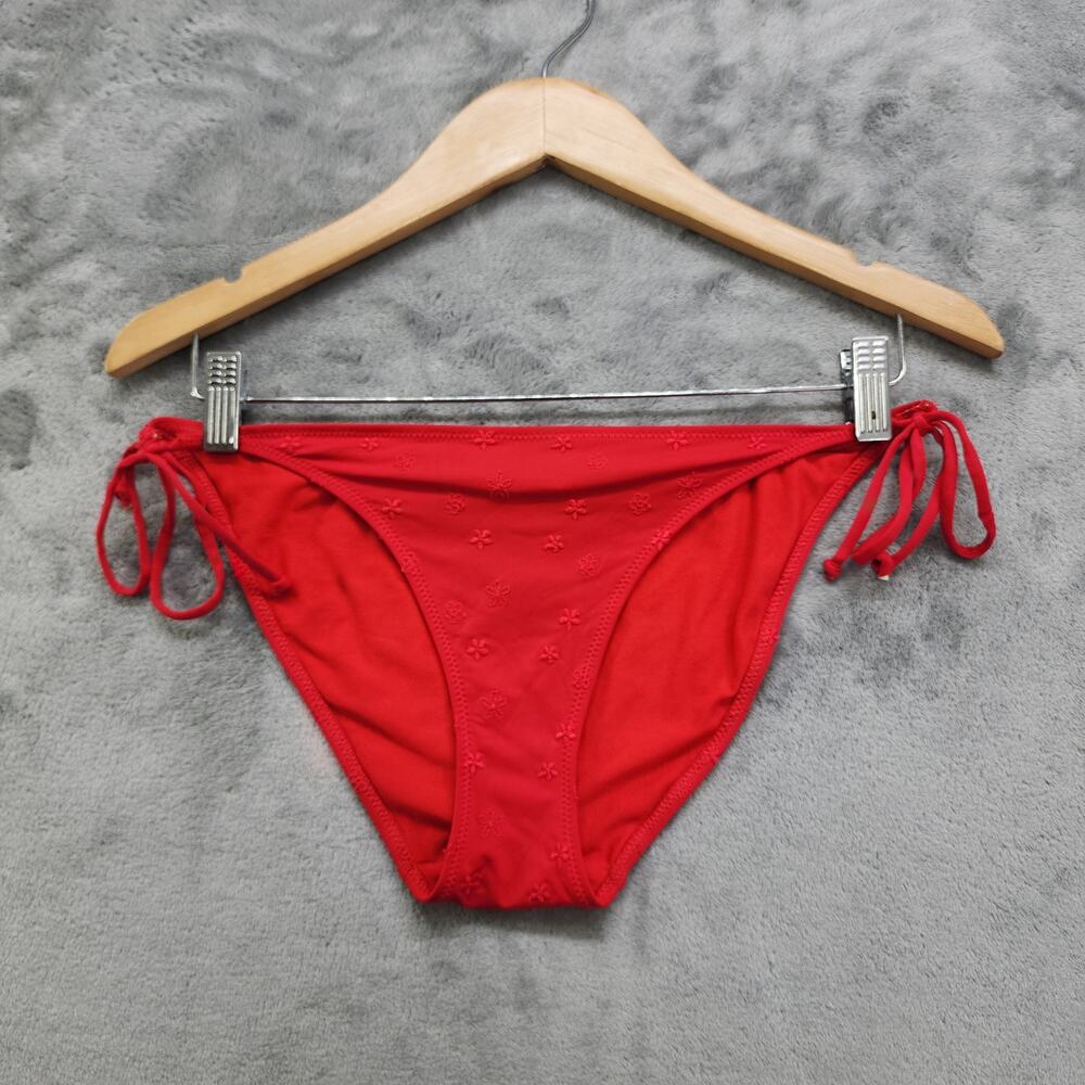 Abercrombie & Fitch Swim Bikini Bottoms Size L Red Embroidered Ruffled Side Tie